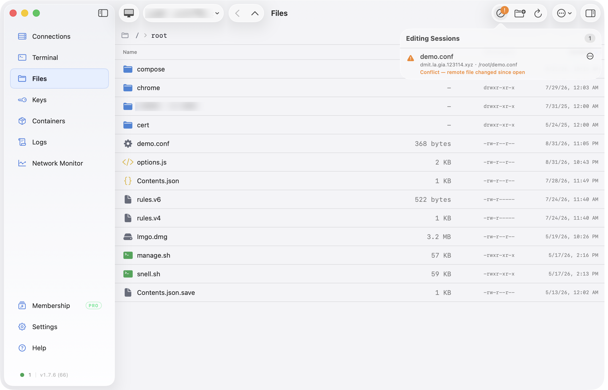 Nexus Shell editing session reporting that remote demo.conf changed since the local copy opened