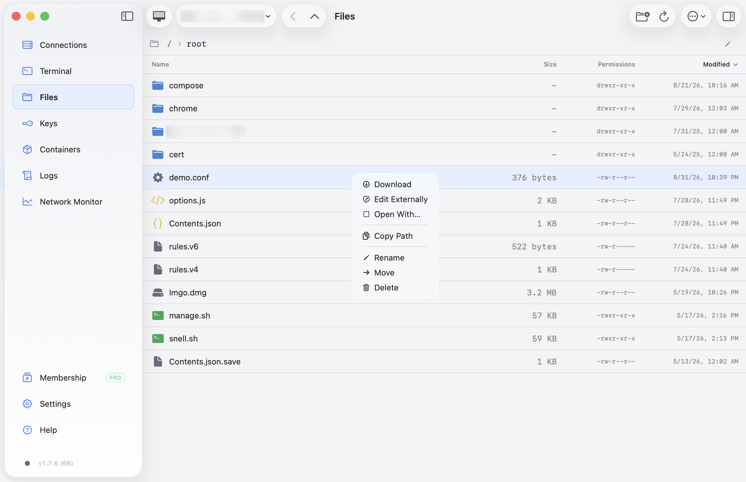 Nexus Shell Files view with demo.conf selected and the Edit Externally and Open With actions visible