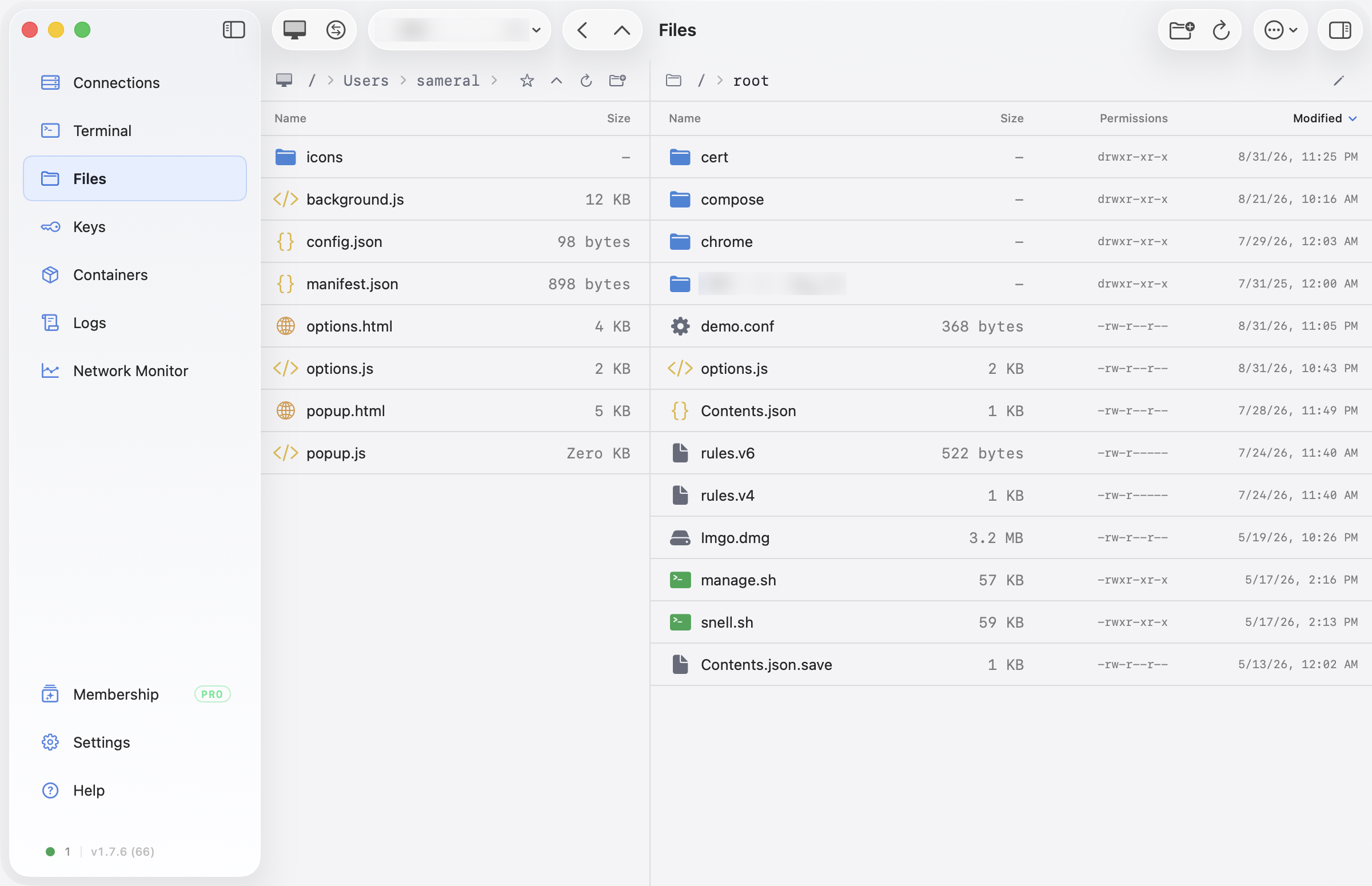 Nexus Shell dual-pane SFTP file manager with local files on the left and remote server files on the right